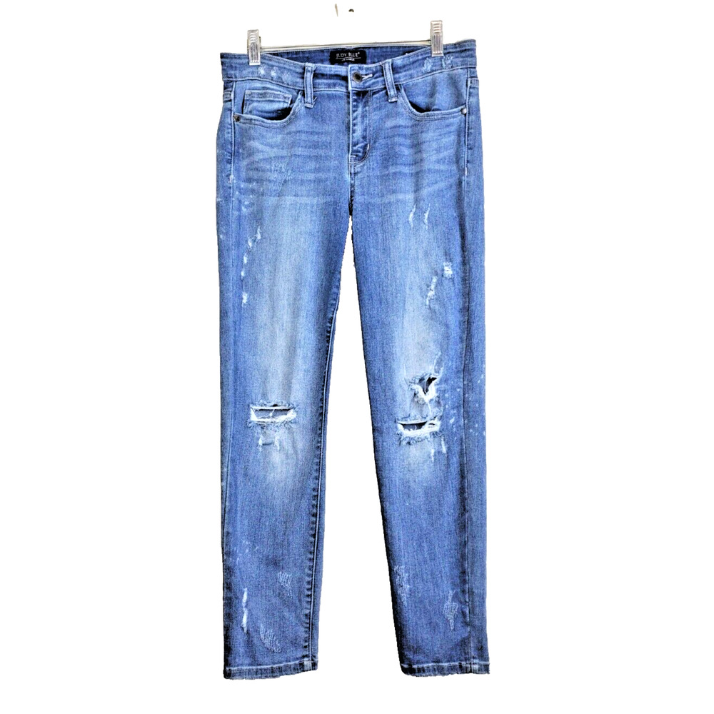 Judy Blue 29 Womens Jeans Relaxed Fit Straight Leg Blue‎ Distressed Shredding UP